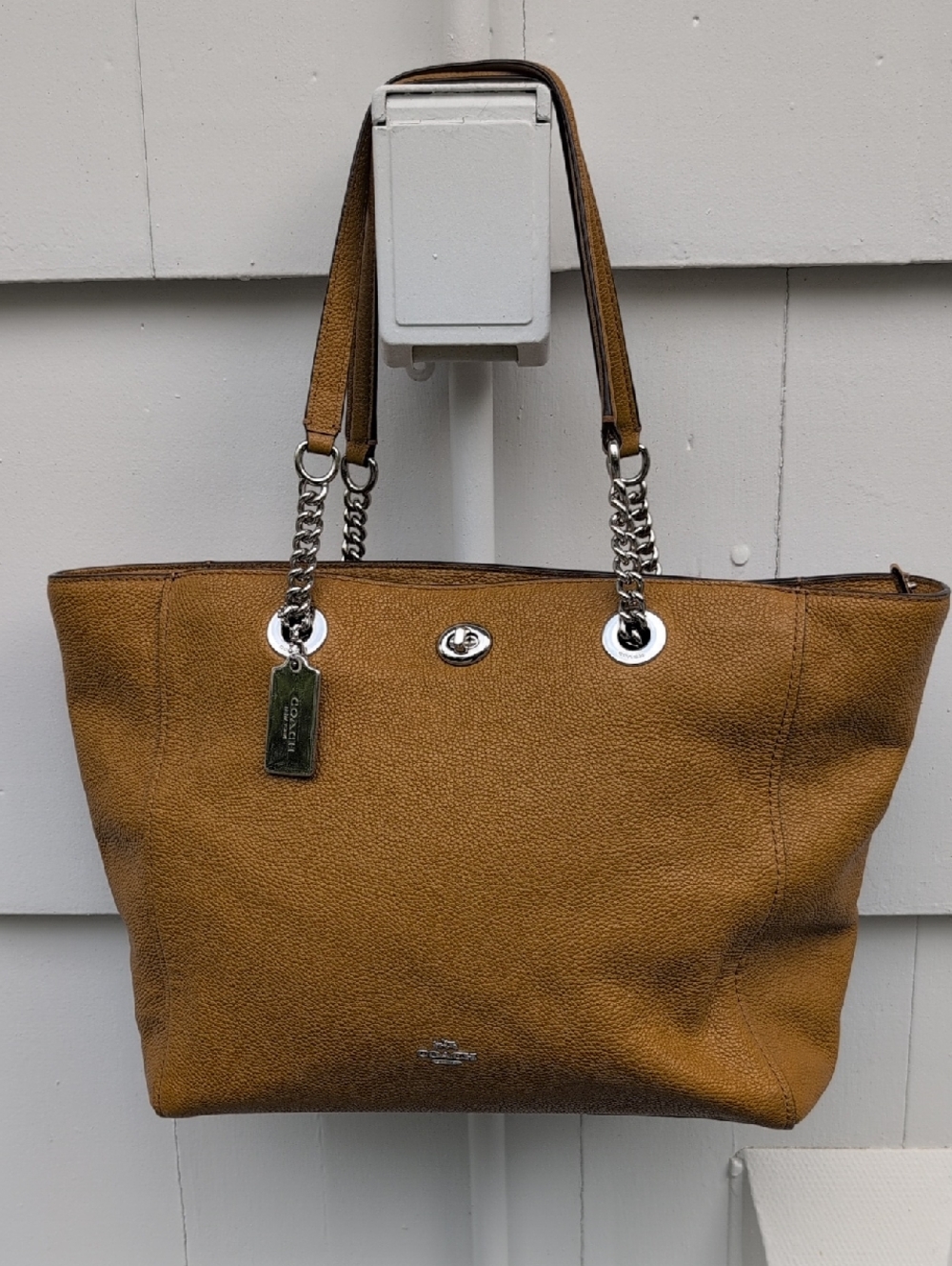 Coach Leather Turnlock Chain  Tote in Warm Tan 56830